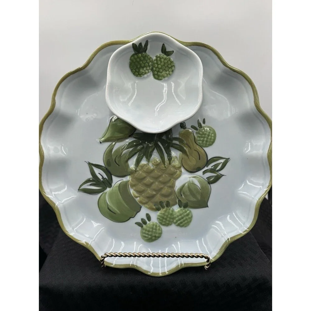 Los Angeles Potteries Serving Platter Attached Dip Bowl Green & Blue Vintage '67